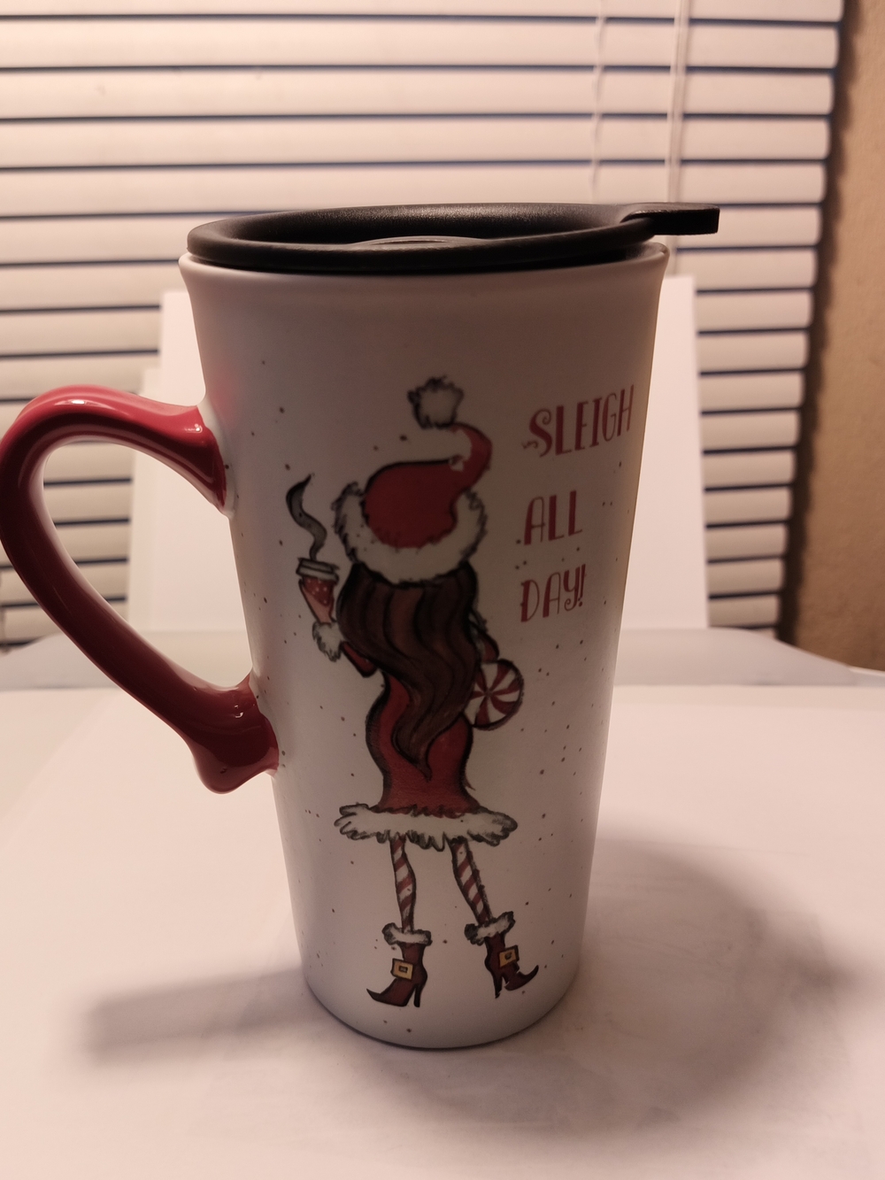 Holiday Santa Lady Travel Mug - Red & White 7 Tall